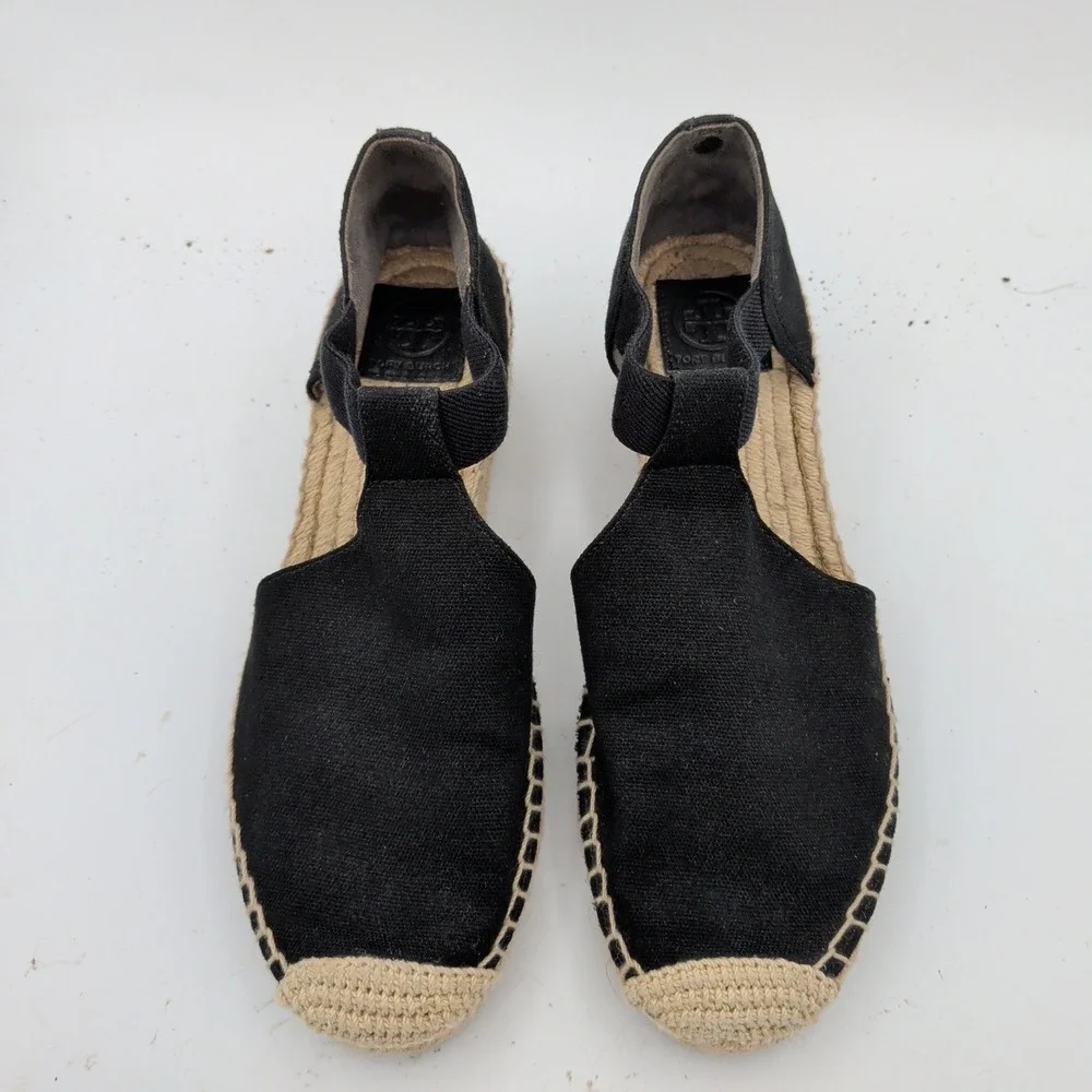 Tory Burch Catalina Black Canvas Espadrille Wedge Sandals Gold Logo Womens 10M